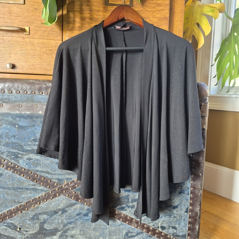 Signature by Robbie Bee Black Glitter Open Front Draped Cardigan Cape Large